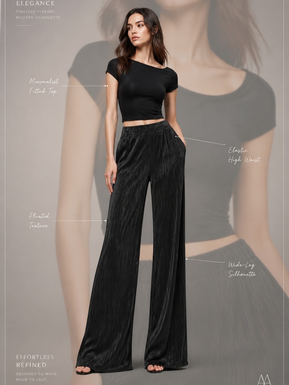 Black Pleated Wide-Leg Women's Pants